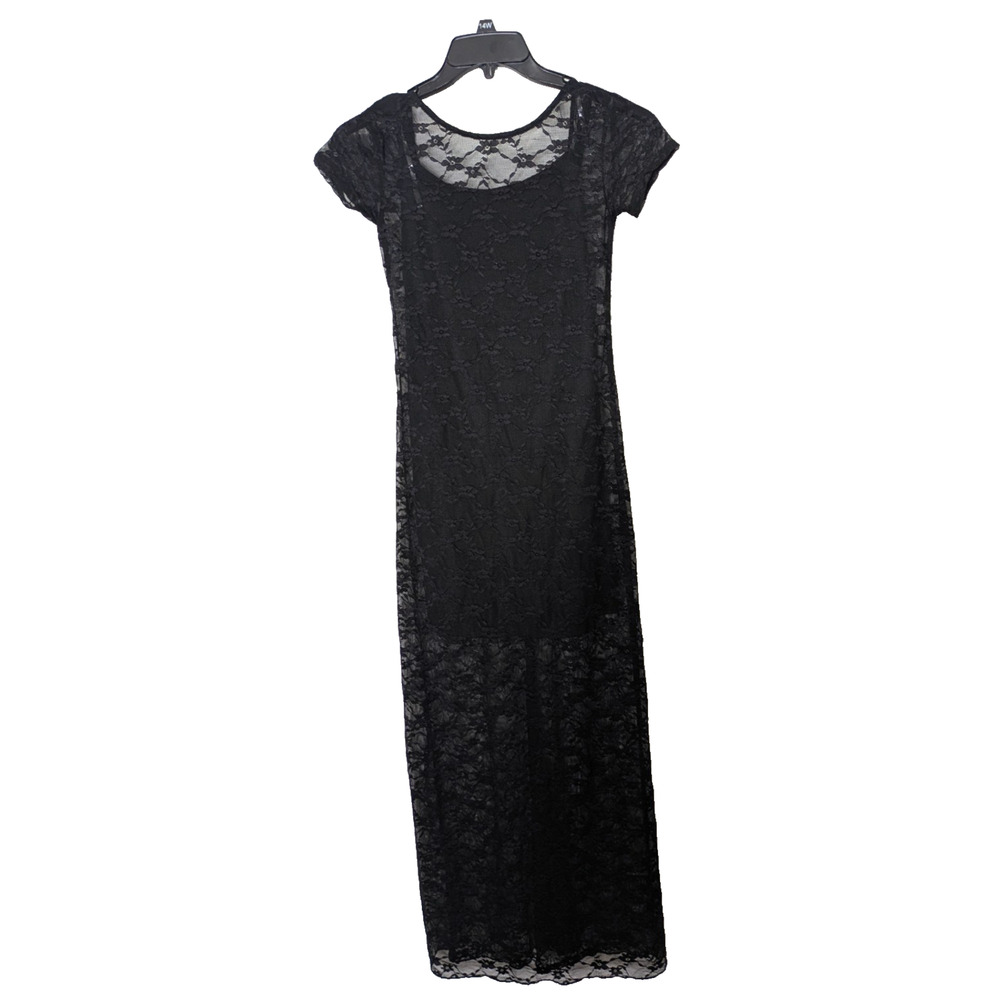 Womens Short Sleeve Maxi Dress Black Lace Size Medium Festival Goth